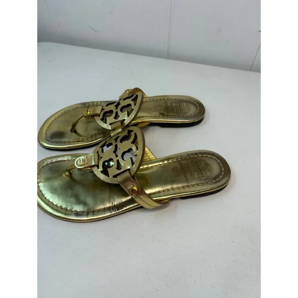 Tory Burch Miller Metallic Thong Logo Sandals in Spark Gold $225 Size 6